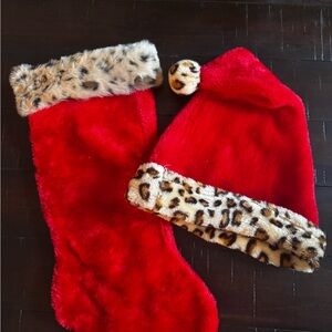 Festive Red Kids Santa Hat and Stocking Set with Leopard Trim